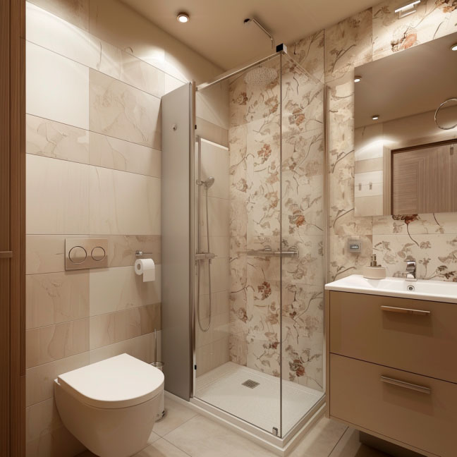 Ein modernes Badezimmer mit einer Glasduschkabine, floralen Fliesen und einem Waschbecken mit Spiegel